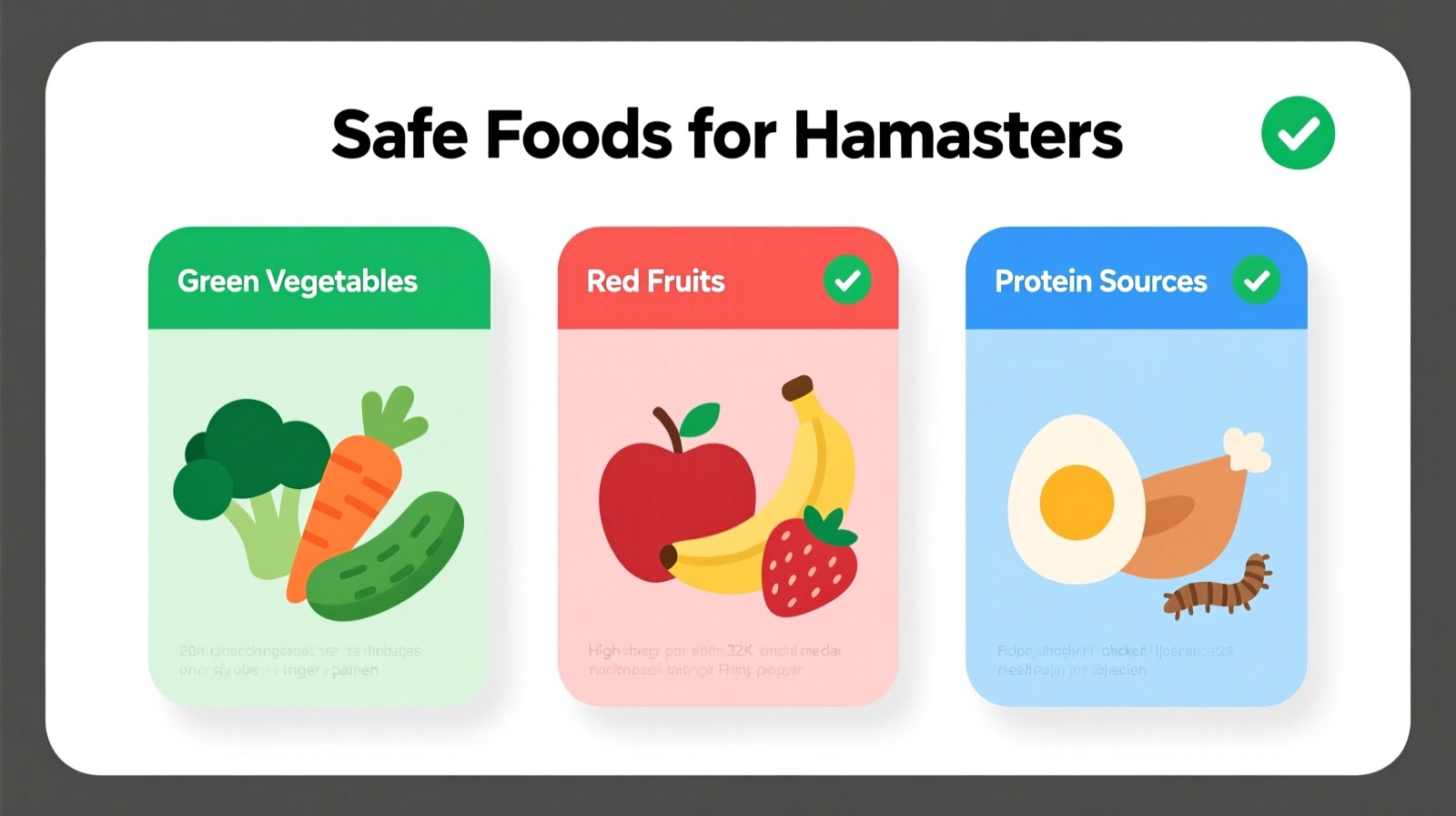 Hamster safe foods chart - vegetables fruits and proteins