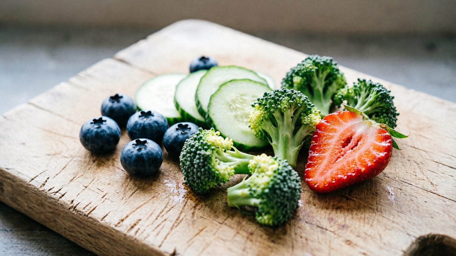 Assortment of hamster-safe treats: fresh blueberries, cucumber slices, broccoli florets, and a strawberry on a wooden surface