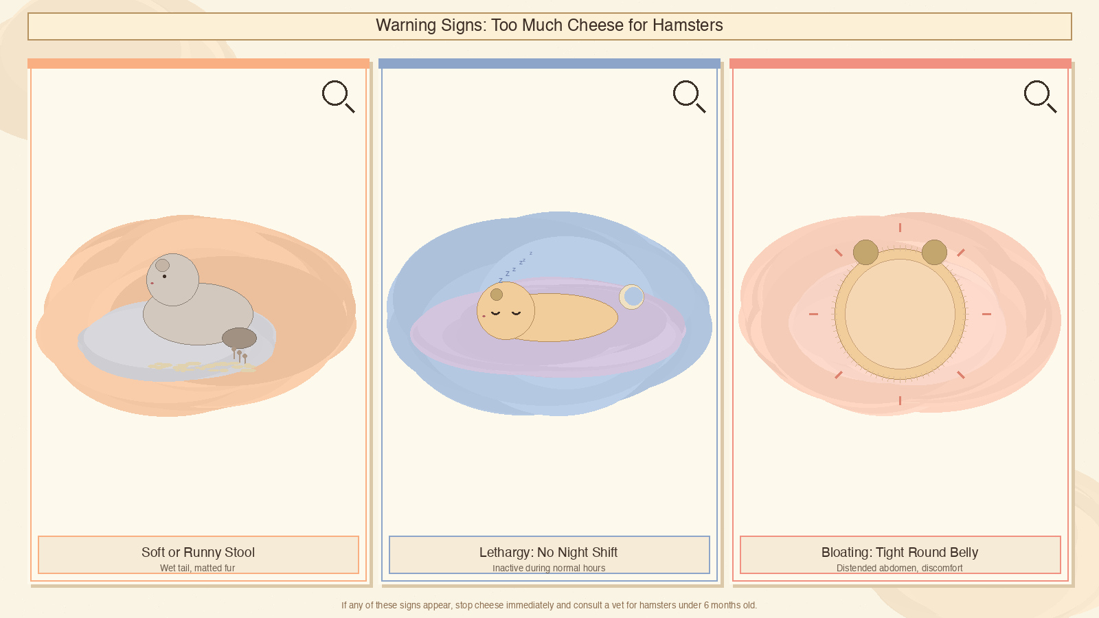 Sick Hamster Warning Signs - three-panel hand-drawn watercolor showing soft or runny stool, lethargy with reduced night activity, and bloating with tight round belly as warning signs after too much cheese