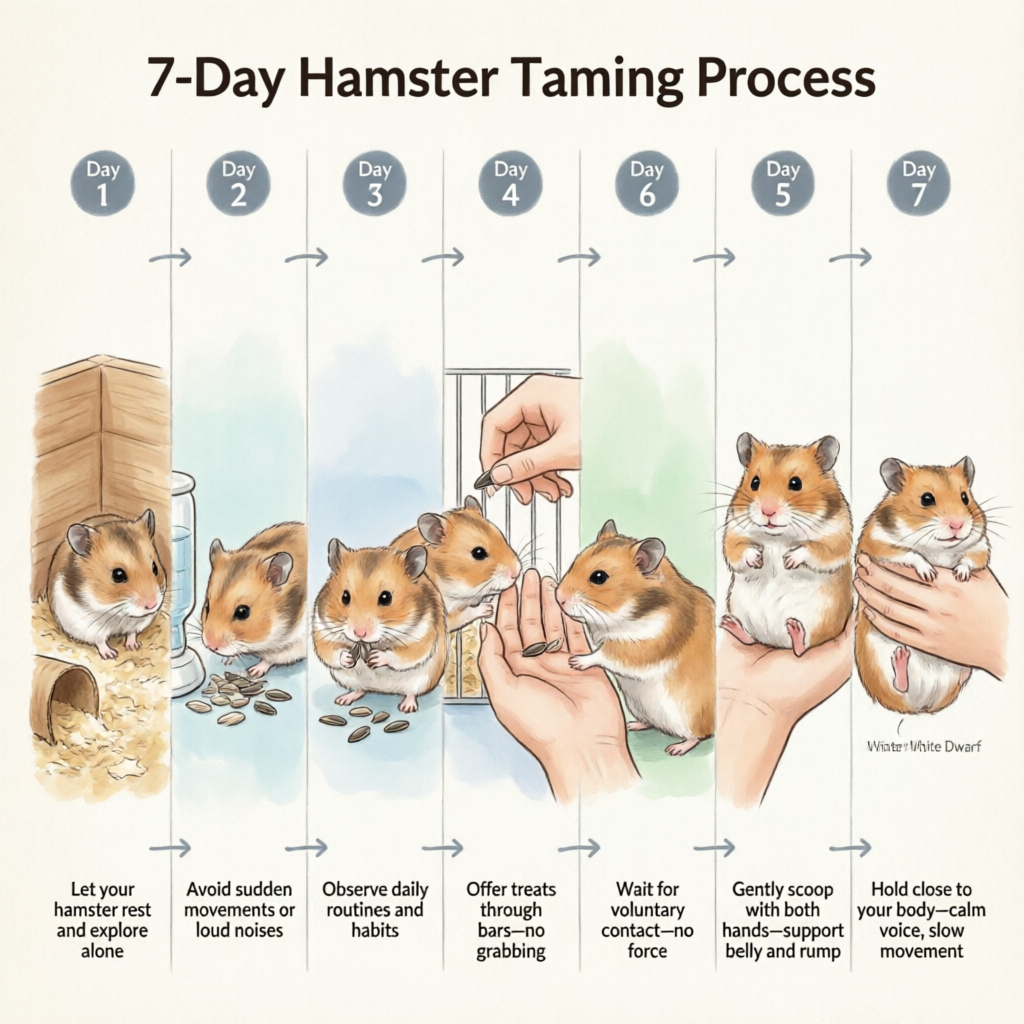 Flowchart showing 7-day hamster taming process with daily milestones: Day 1-3 Settlement, Day 4-5 Hand in Cage, Day 6 Scooping, Day 7 Advanced Handling, with cute hamster illustrations for each stage