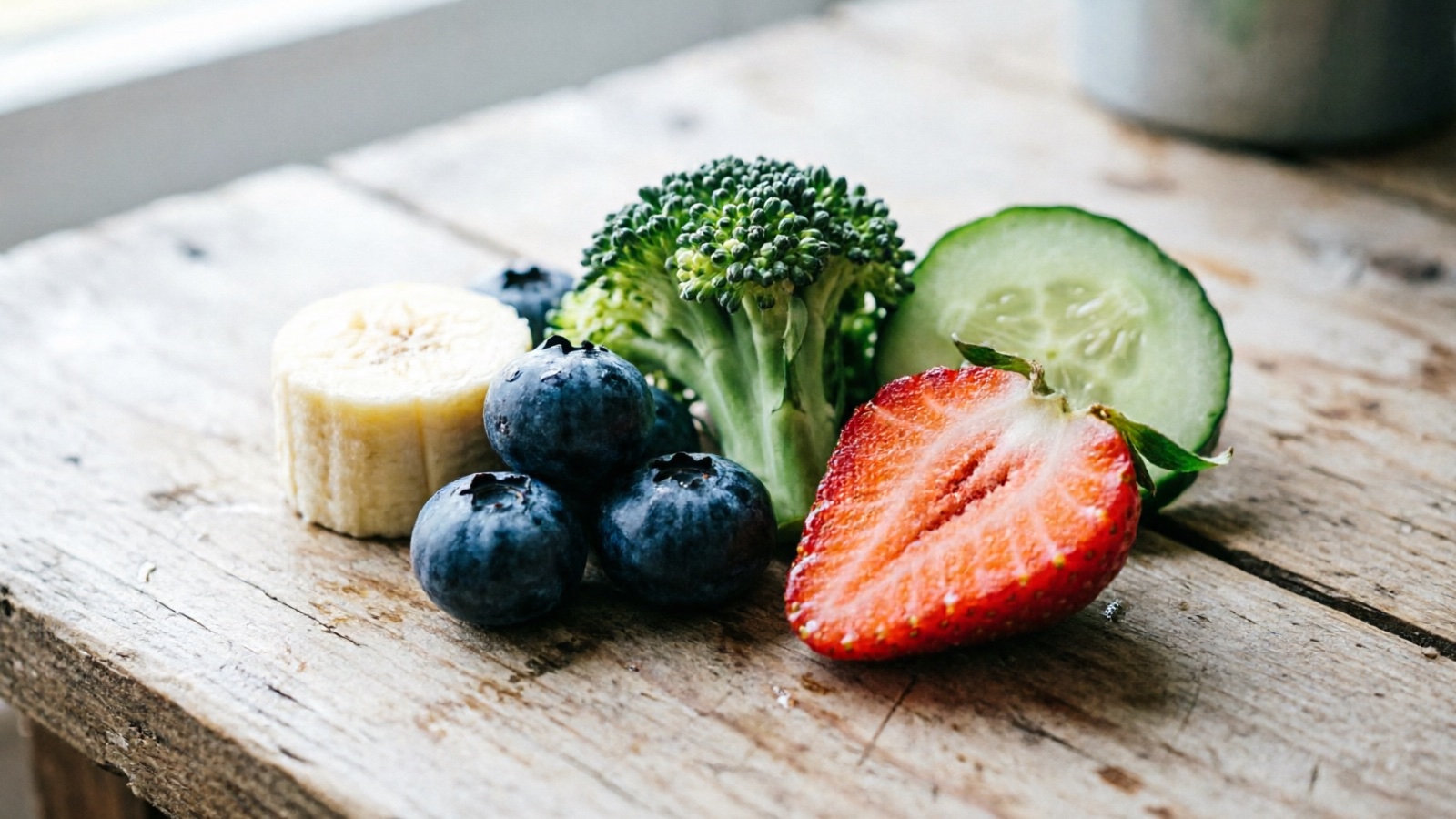 Assortment of hamster-safe treats arranged on a wooden surface: banana piece, blueberries, broccoli floret, cucumber slice, and strawberry