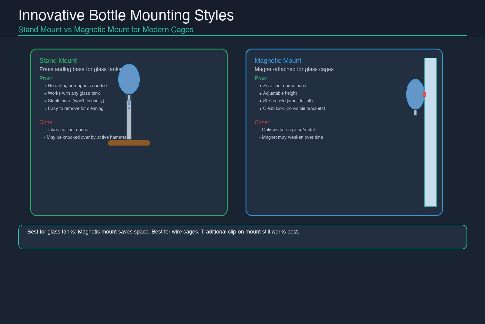 Hamster water bottle innovative mounting styles: stand mount (freestanding base) vs magnetic mount (glass tank attachment), showing pros and cons of each mounting solution