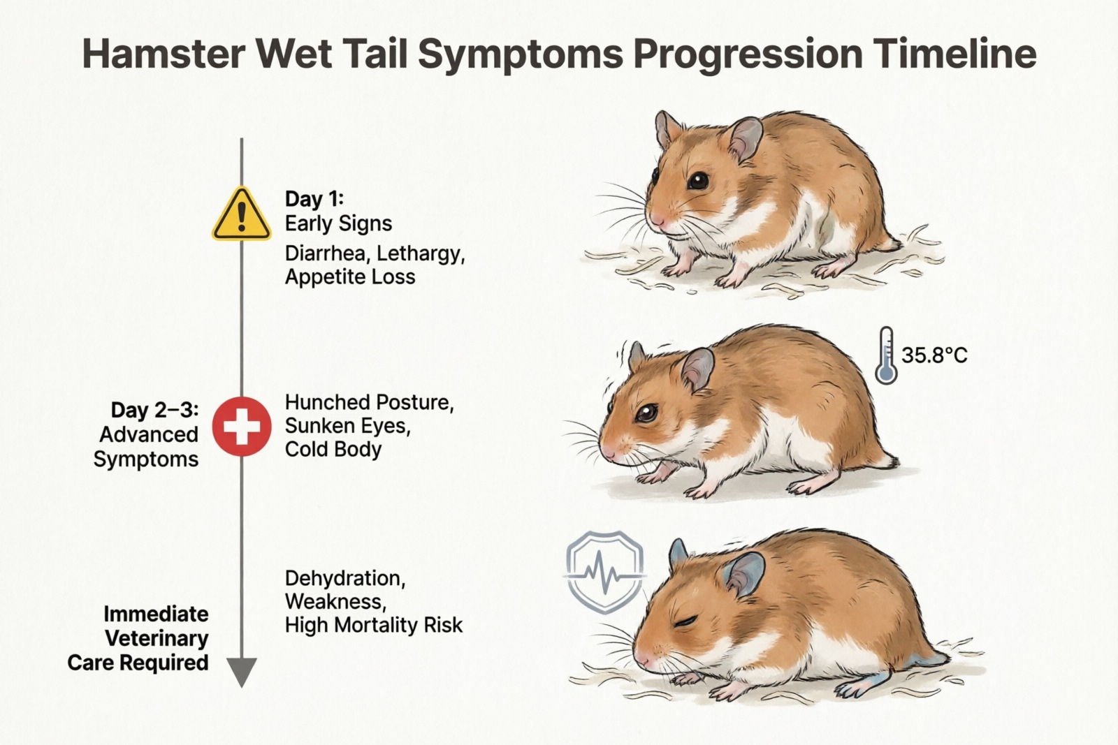 Wet tail symptoms progression timeline from Day 1 to Day 3