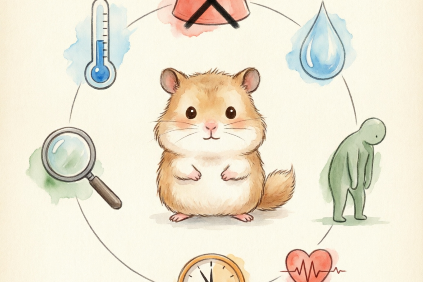 Hand-drawn watercolor illustration showing common hamster health warning signs