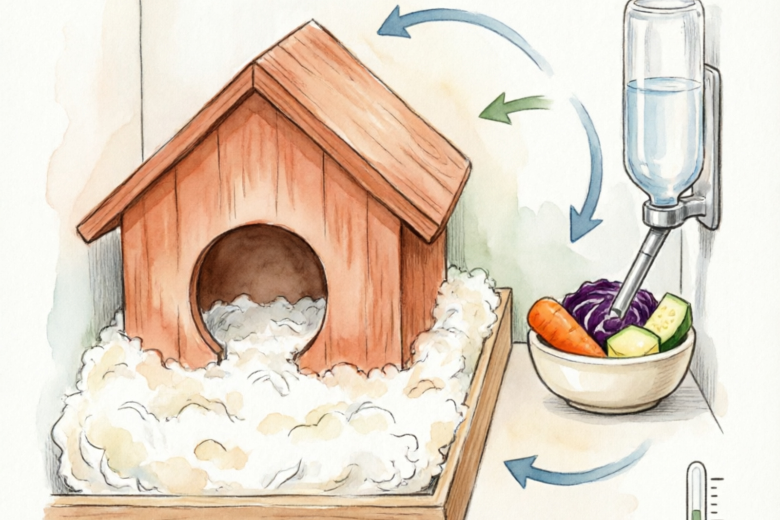 Hamster cage cross-section showing proper temperature zones and bedding areas