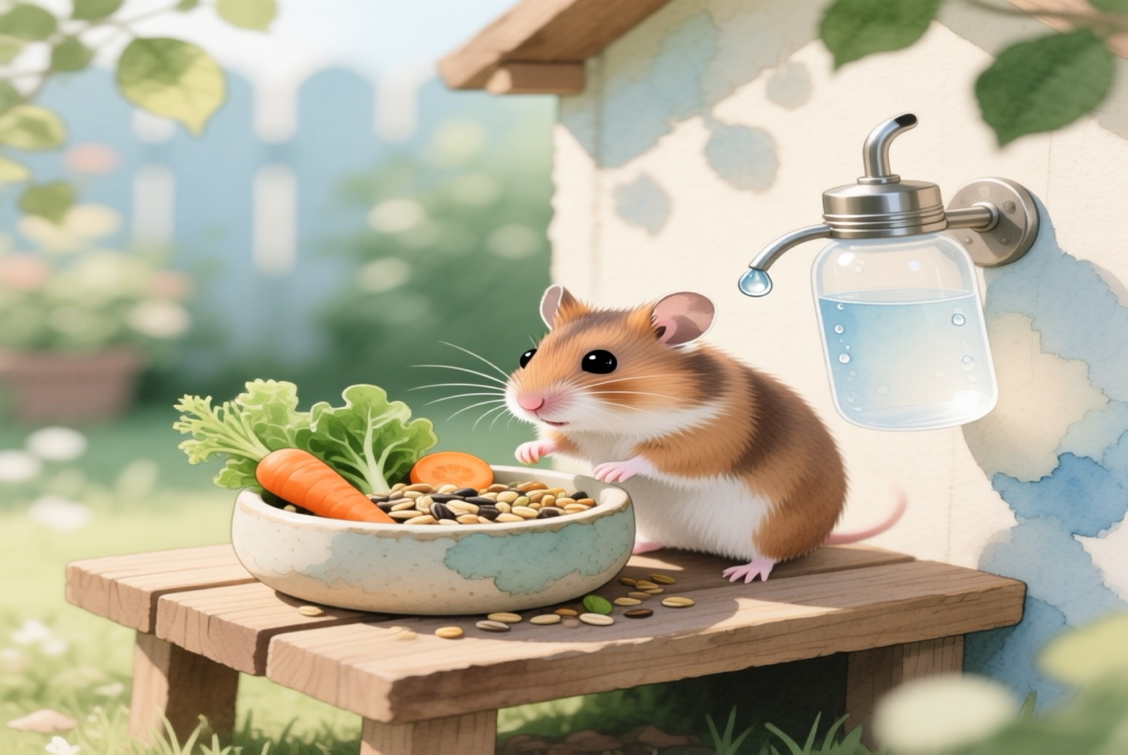 Complete hamster daily feeding setup with food bowl, fresh vegetables, and water bottle