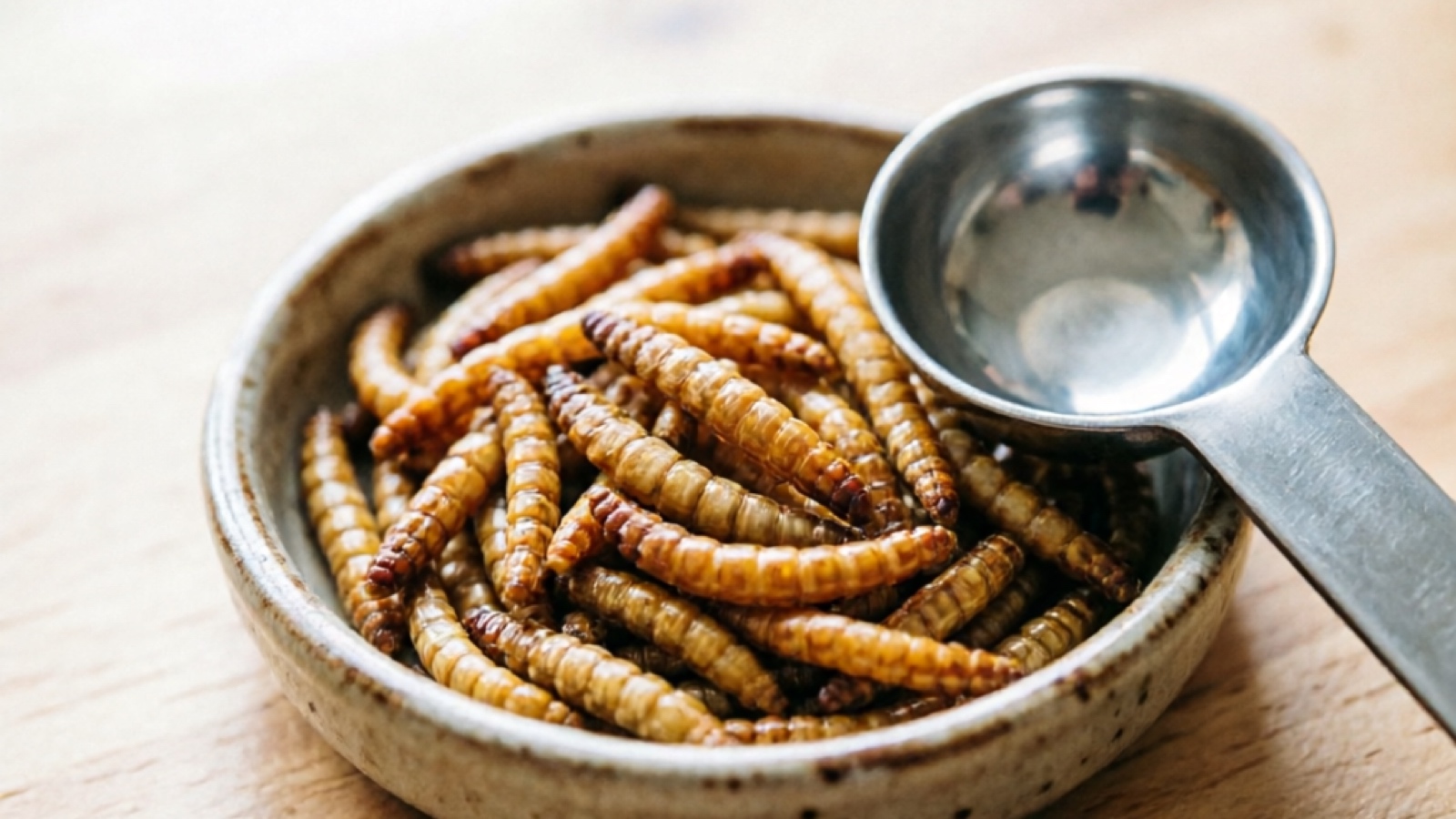 Close-up of dried mealworms in a small dish, shown next to a teaspoon for size reference
