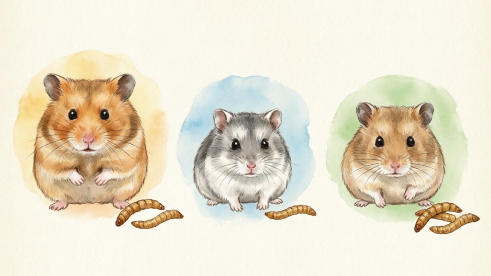Hamster breed size comparison chart showing Syrian, Dwarf, and Chinese hamsters next to mealworm portion sizes