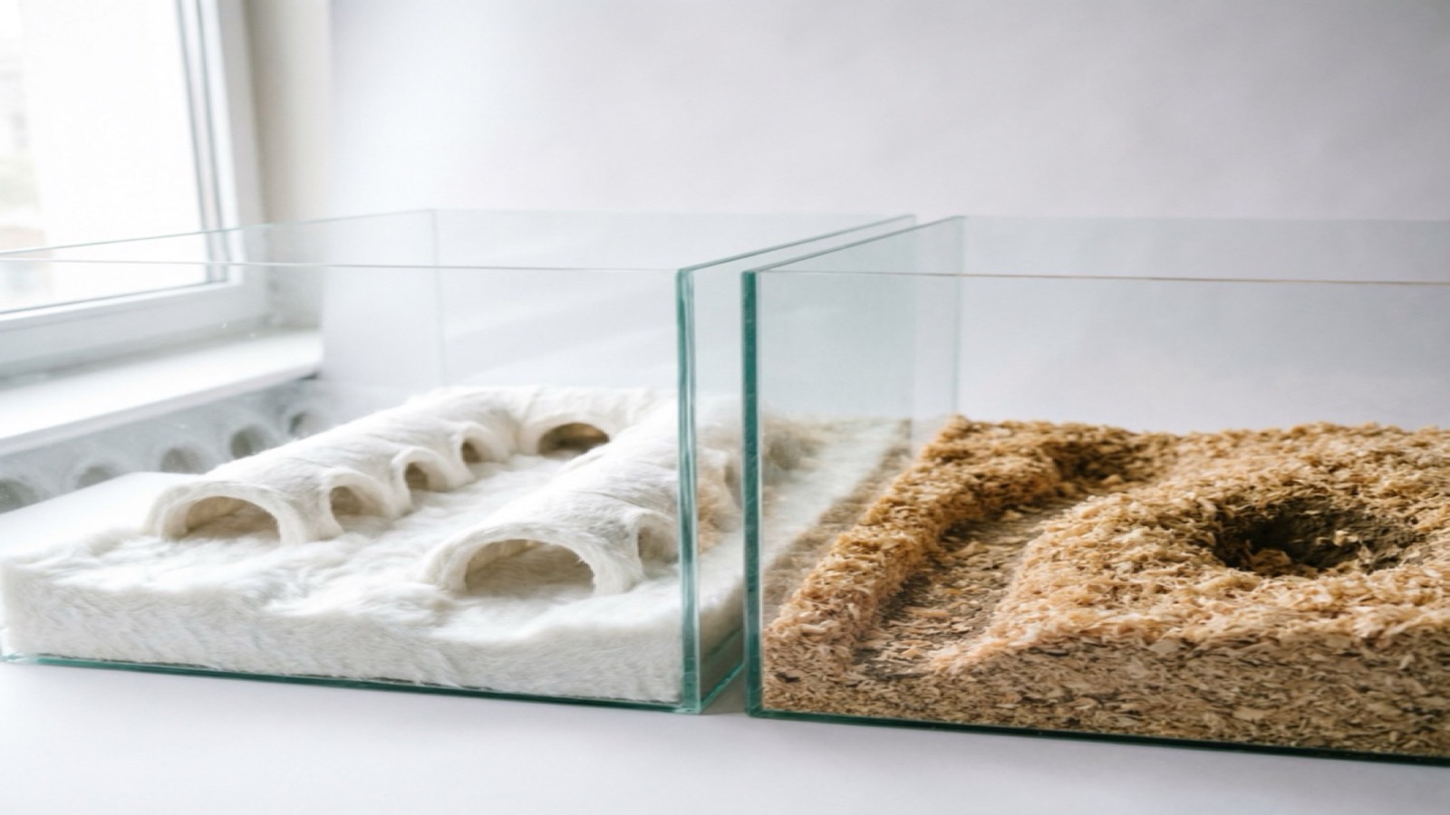 Split view showing two hamster habitats side by side — left with soft white paper bedding, right with natural brown aspen shavings, both with visible burrowing tunnels