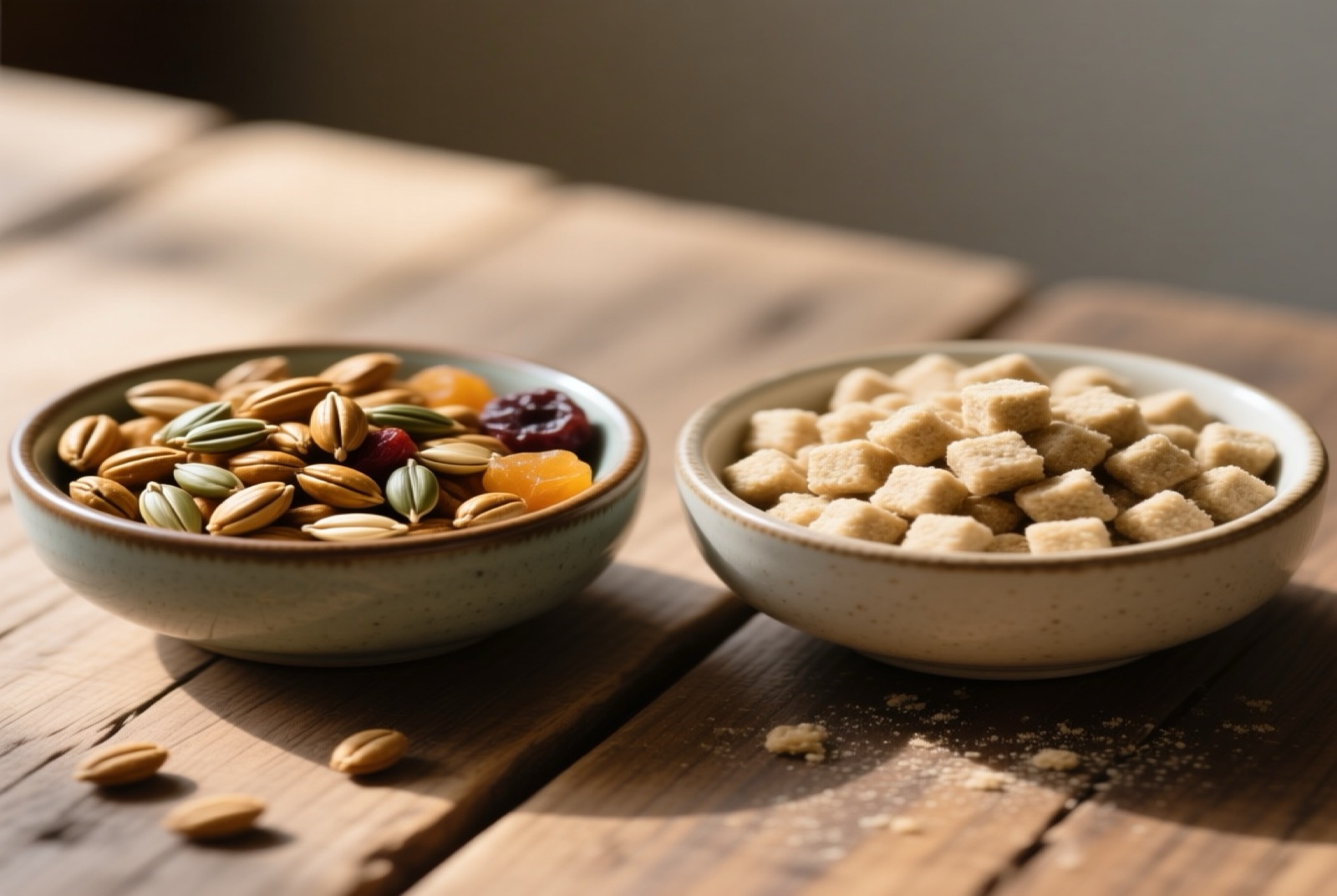 Side-by-side comparison of uniform hamster pellets versus a mixed seed blend