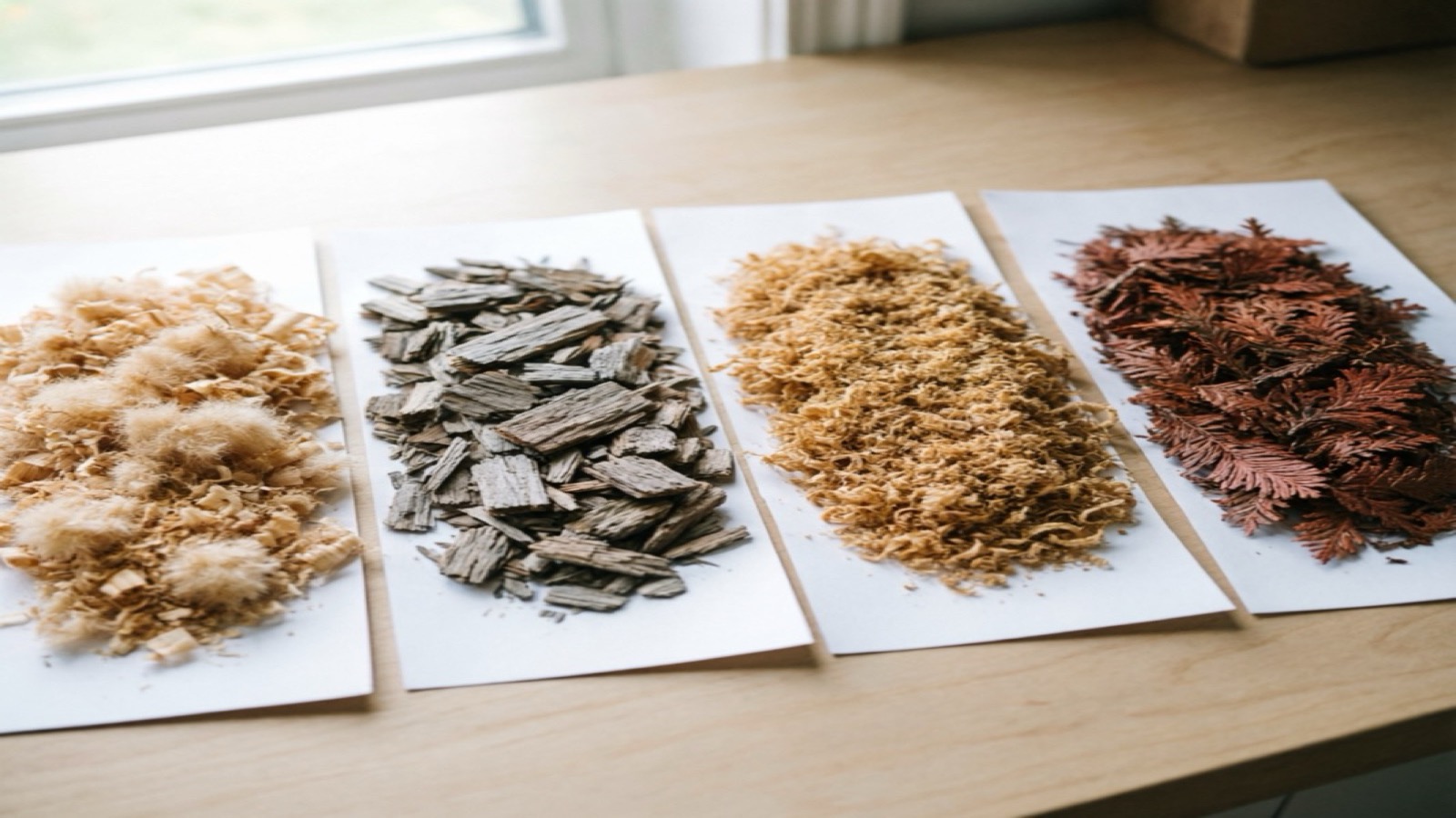 Four bedding material samples on a clean surface — soft white paper (safe), natural tan aspen (safe), aromatic pine with visible resin (unsafe), cedar shavings with reddish color (unsafe)