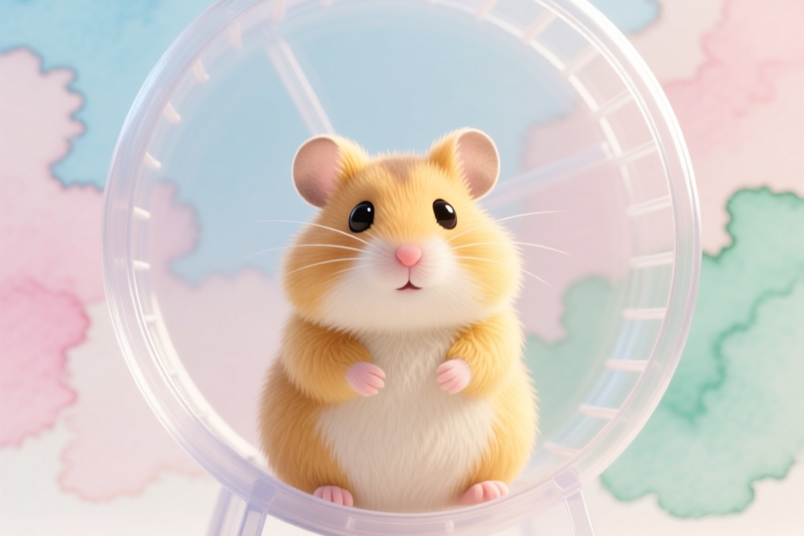 Syrian hamster running on a large exercise wheel