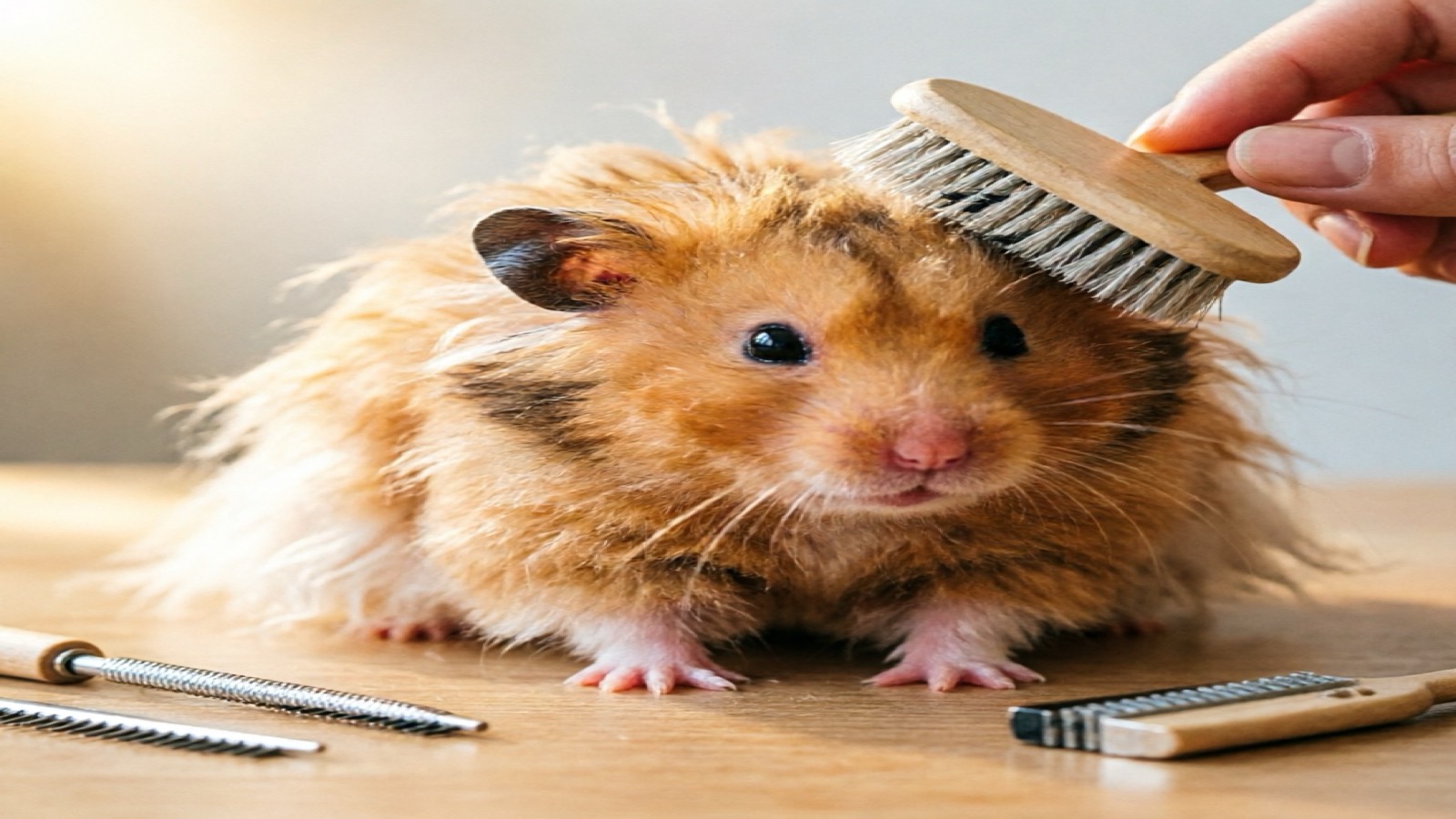 Teddy Bear hamster being gently groomed with a soft brush