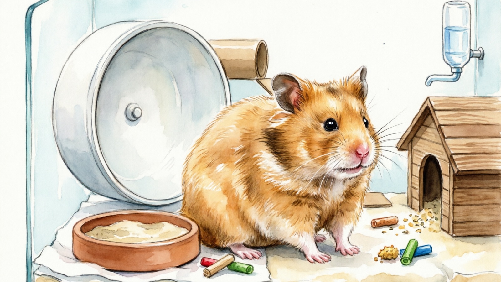 Hand-drawn watercolor cross-section of a well-equipped hamster enclosure with a golden teddy bear hamster inside