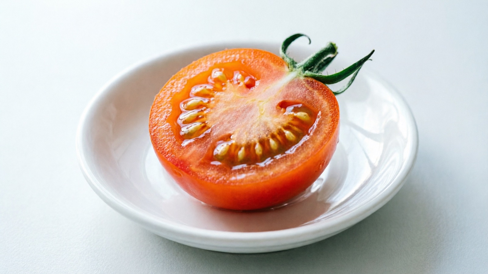 Halved cherry tomato on a small plate, stem and calyx removed, seeds visible inside