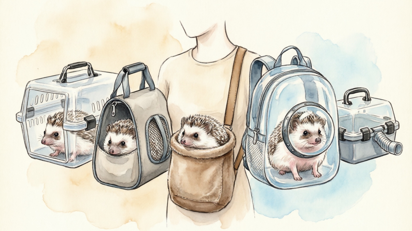 Hand-drawn watercolor illustration comparing five types of hedgehog carriers with escape-proof ratings and key features