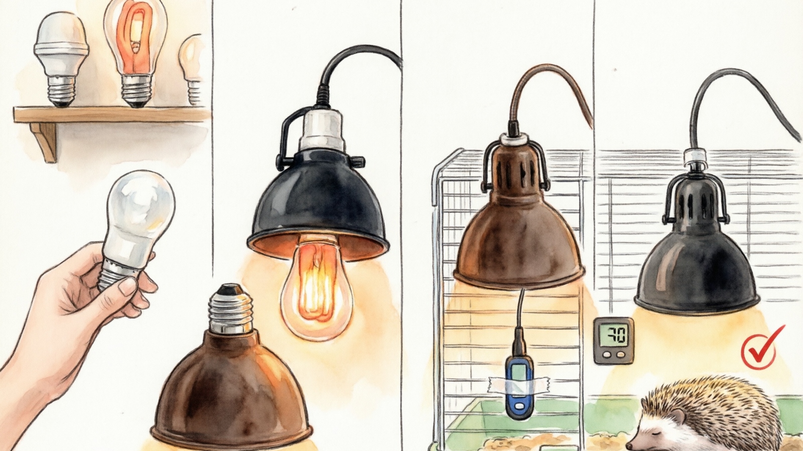 Hand-drawn watercolor illustration showing step-by-step hedgehog heating system assembly with CHE bulb, clamp lamp, thermostat and thermometer