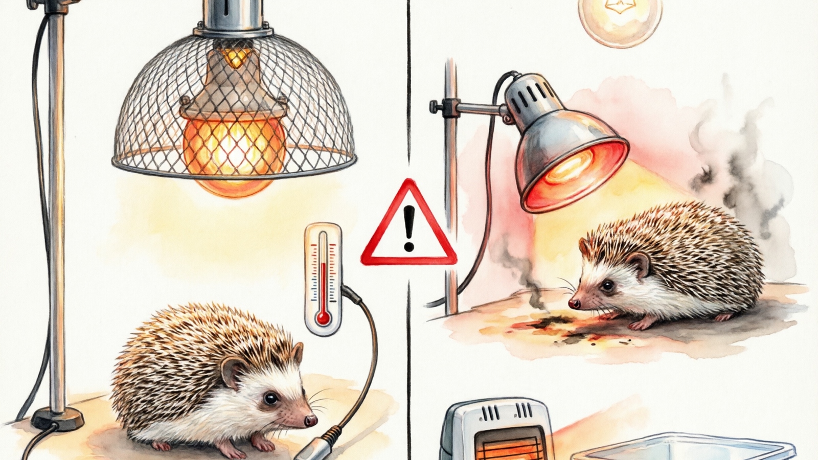 Hand-drawn watercolor illustration comparing safe vs dangerous hedgehog heat lamp setups with safety annotations