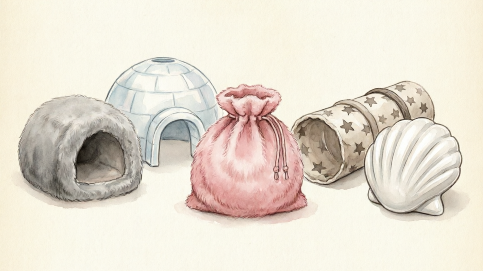 Five types of hedgehog hideouts arranged side by side: fleece cave, plastic igloo, snuggle sack, tunnel, and ceramic house — hand-drawn watercolor illustration