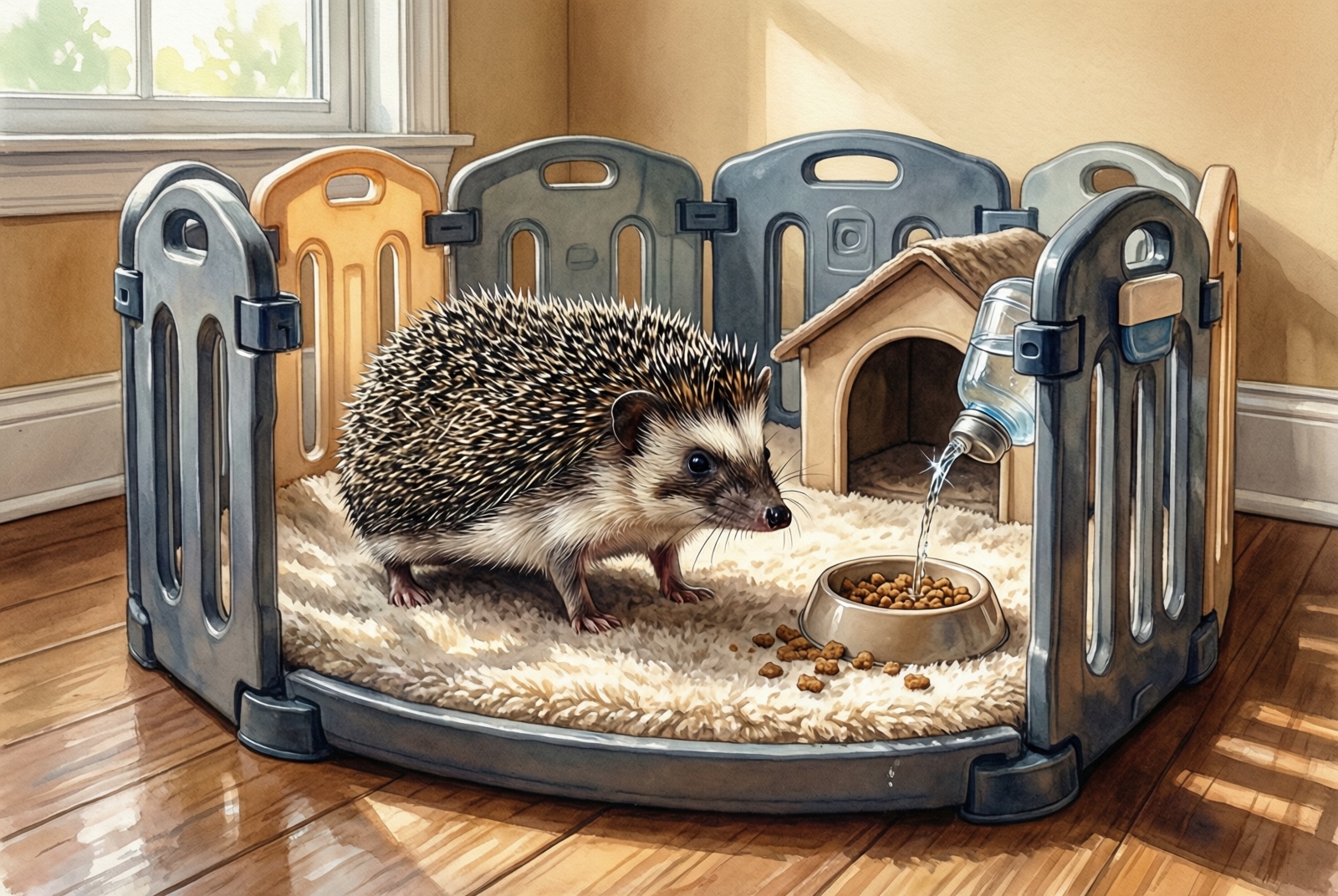 Budget playpen setup with fleece liner, hide house, food bowl, and water bottle inside plastic panels on a hardwood floor