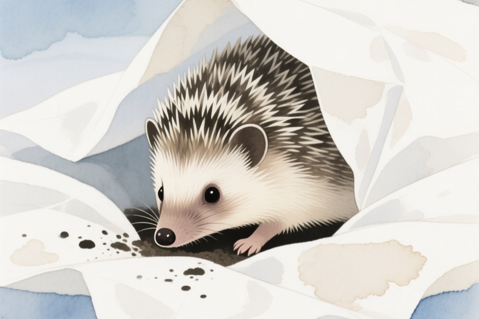 Hedgehog burrowing and digging in white paper bedding