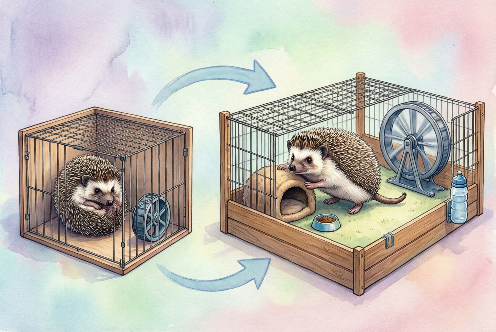 Small cramped cage next to a spacious playpen, showing the difference between 4 square feet and 8 square feet of hedgehog living space