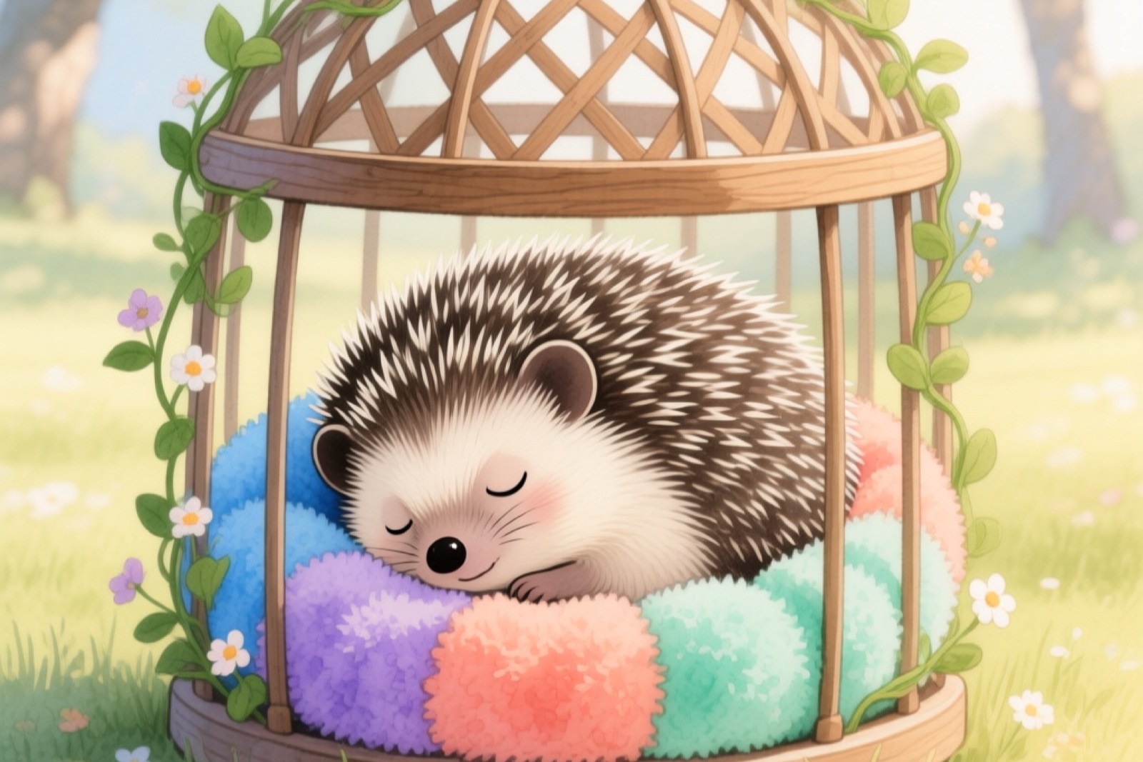Hedgehog sleeping on colorful fleece liner in cage