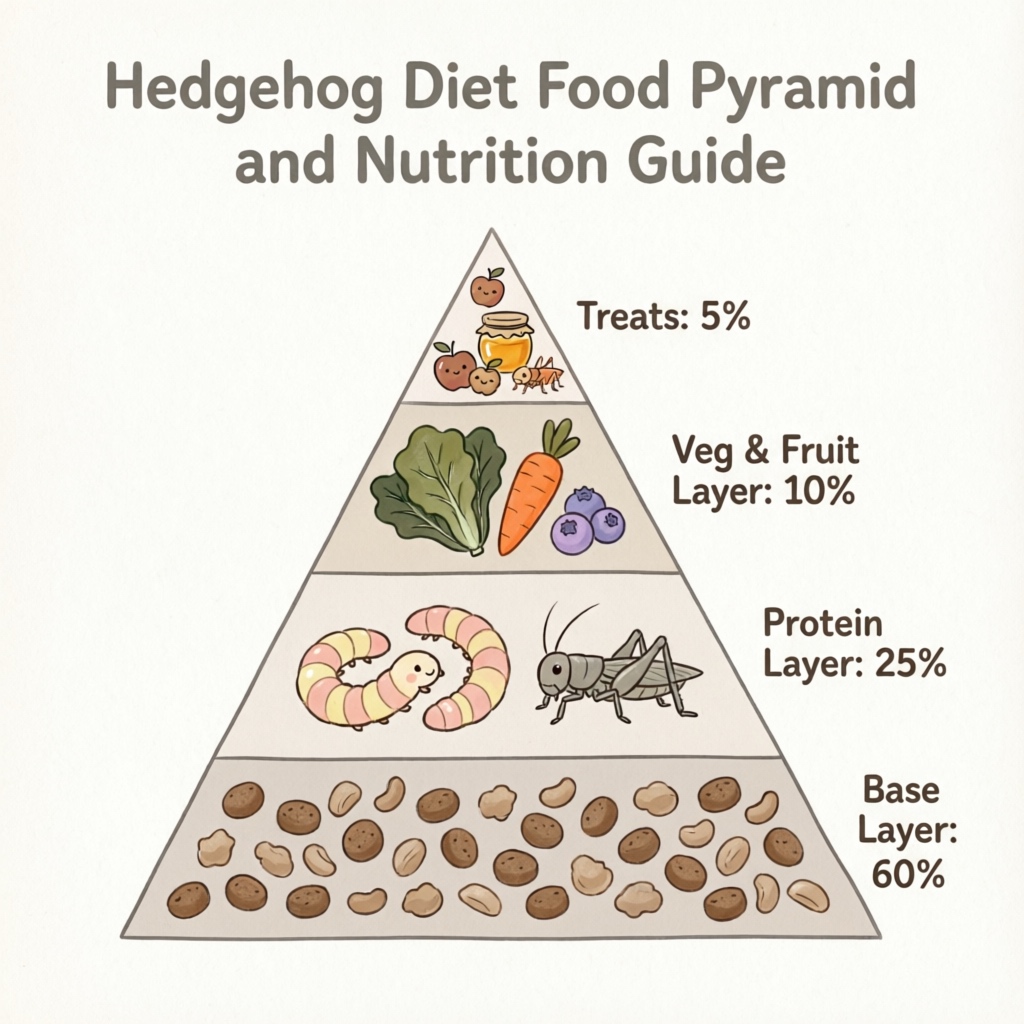 Hedgehog food pyramid infographic showing the ideal diet composition from base to top