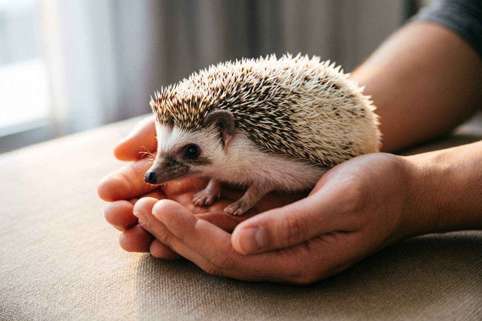 Correct hedgehog handling technique showing both hands supporting the hedgehog from underneath