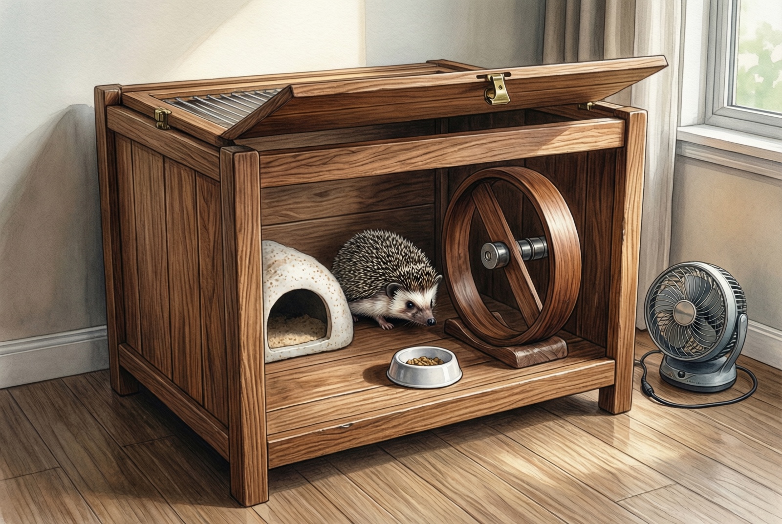Premium wooden hedgehog enclosure in a modern living room with openable top lids, exercise wheel, ceramic hide, and food bowl inside