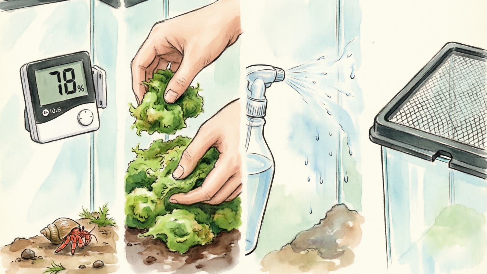 Hermit crab humidity maintenance steps — hygrometer, sphagnum moss, misting, and lid sealing