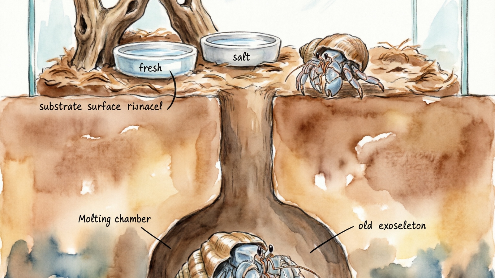 Hermit crab molting cross-section — above-ground tank and underground molting chamber
