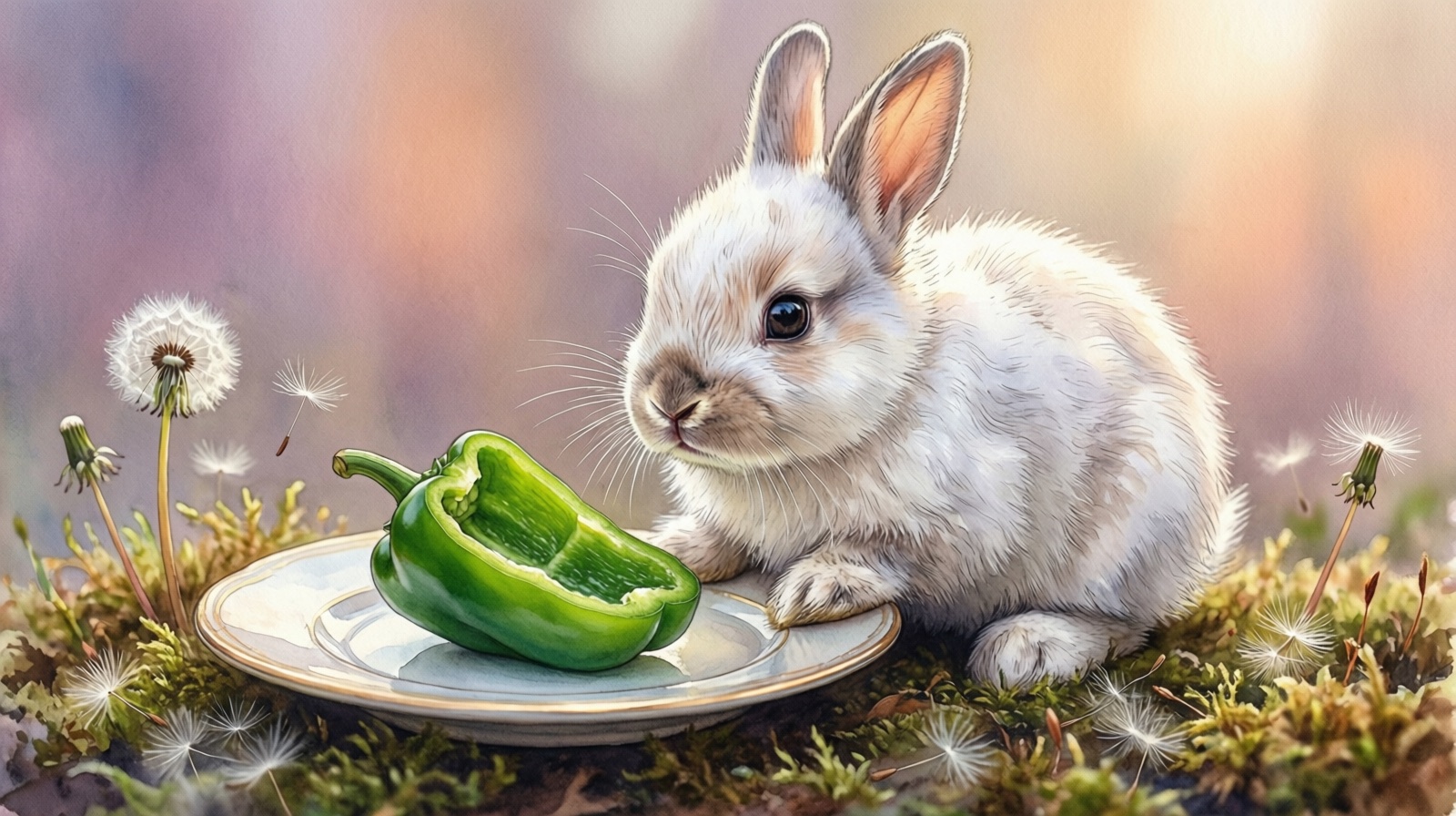image-placeholder: A rabbit eating a piece of green bell pepper from a clean bowl, with properly prepared pepper strips visible