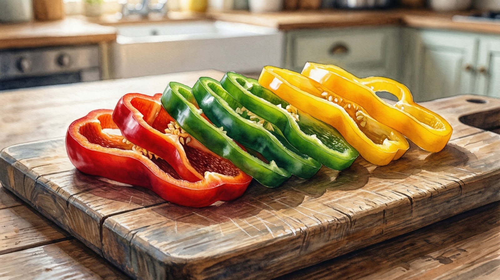 image-placeholder: Four bell peppers in green, red, yellow, and orange arranged on a cutting board, with one pepper cut open showing seeds removed