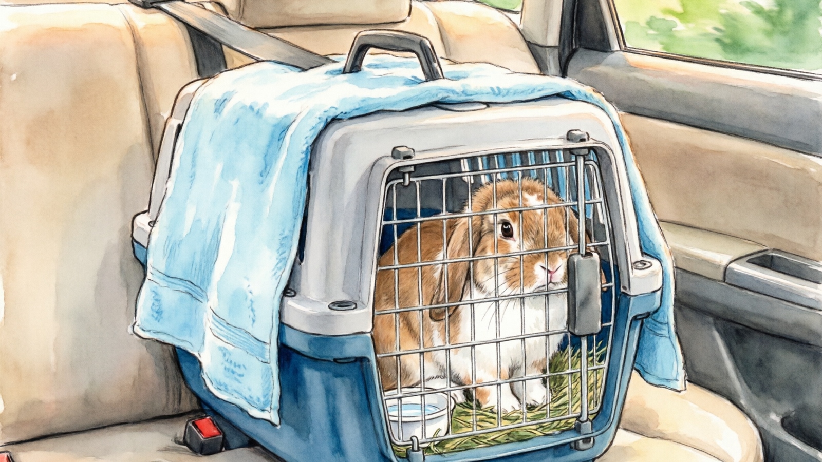 Hand-drawn watercolor illustration showing a proper vet trip setup — hard-sided carrier secured on passenger seat with seatbelt through handle, towel partially covering carrier, rabbit visible inside through front door