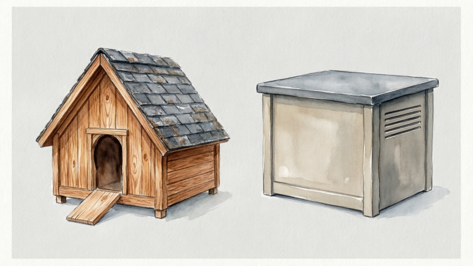 Hand-drawn watercolor comparison of wooden vs plastic hutch