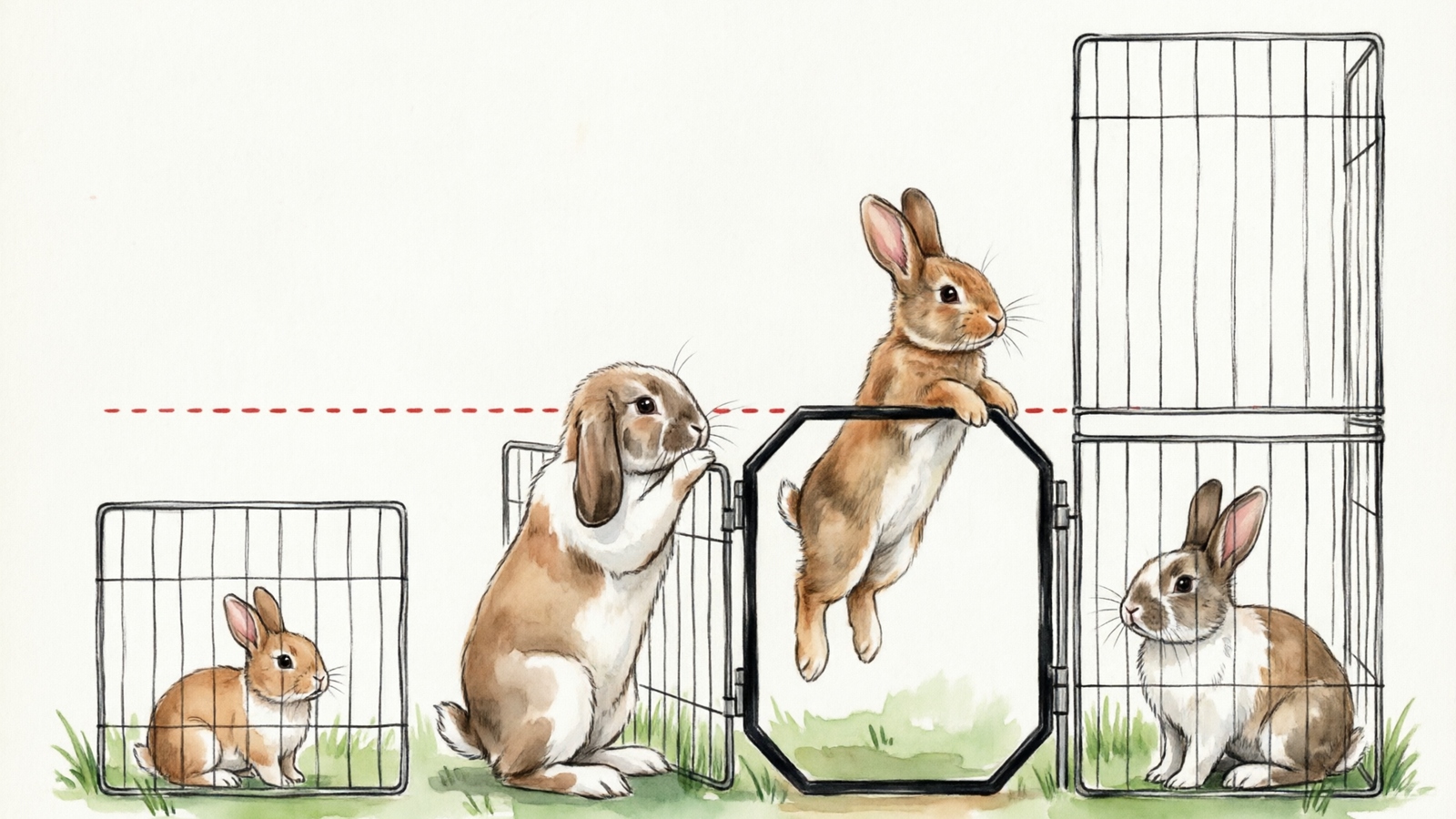 Hand-drawn watercolor illustration comparing rabbit playpen heights by breed showing minimum height requirements