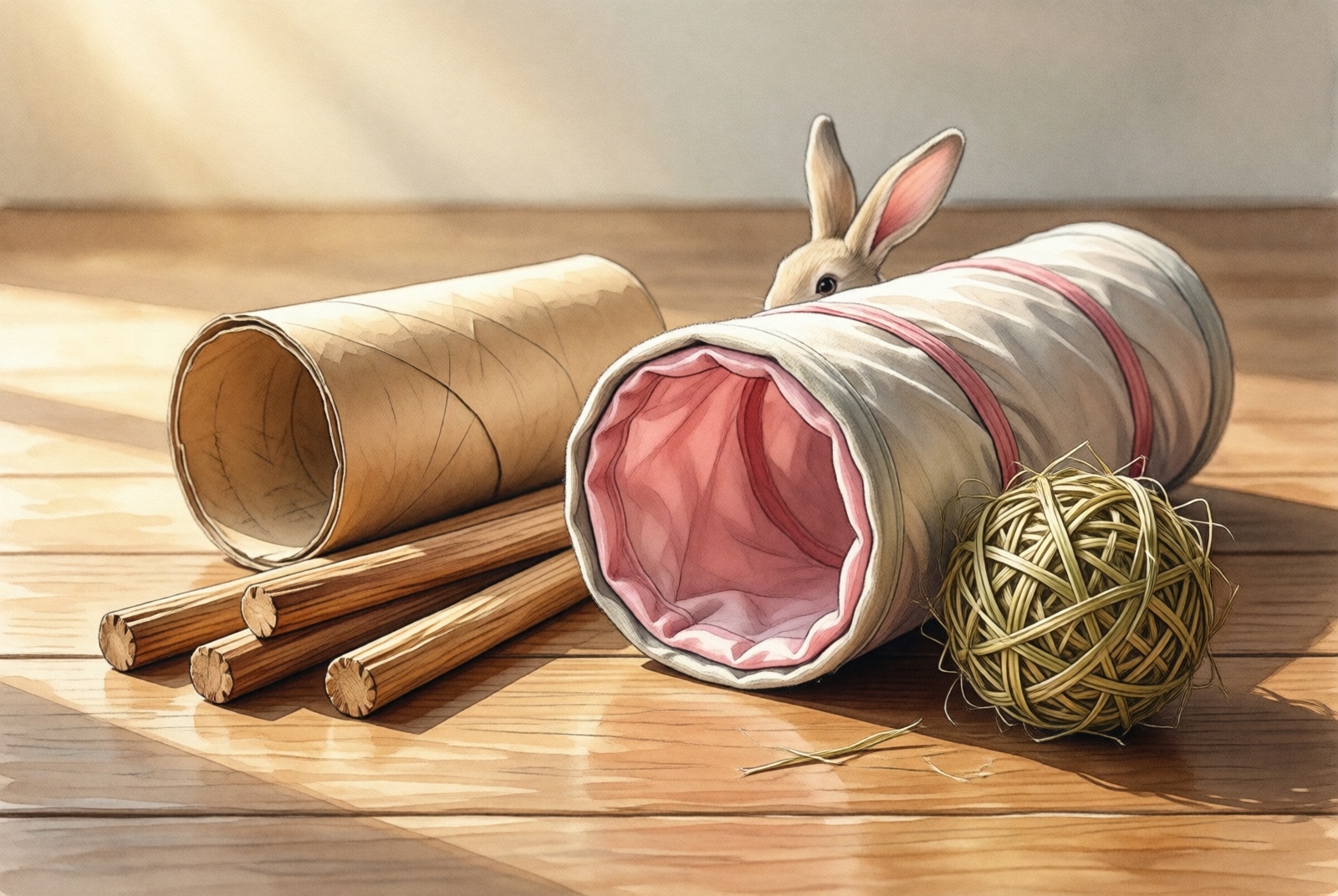 Assortment of rabbit toys on wooden surface