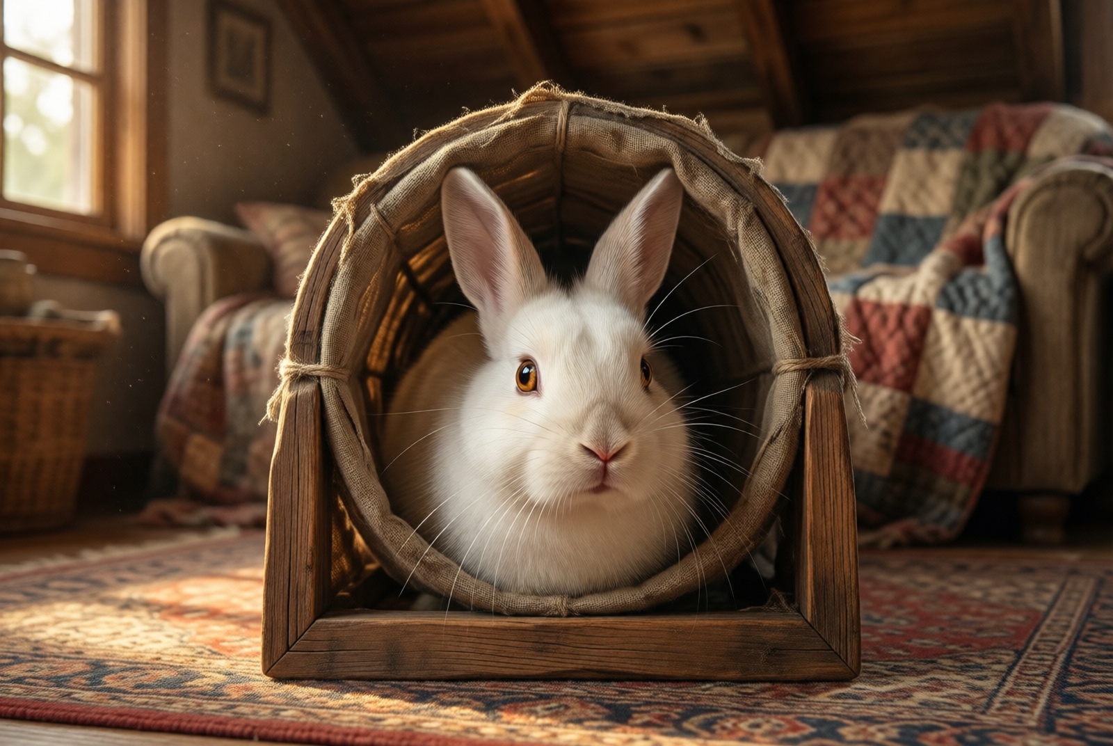 Rabbit popping head out of wooden tunnel toy
