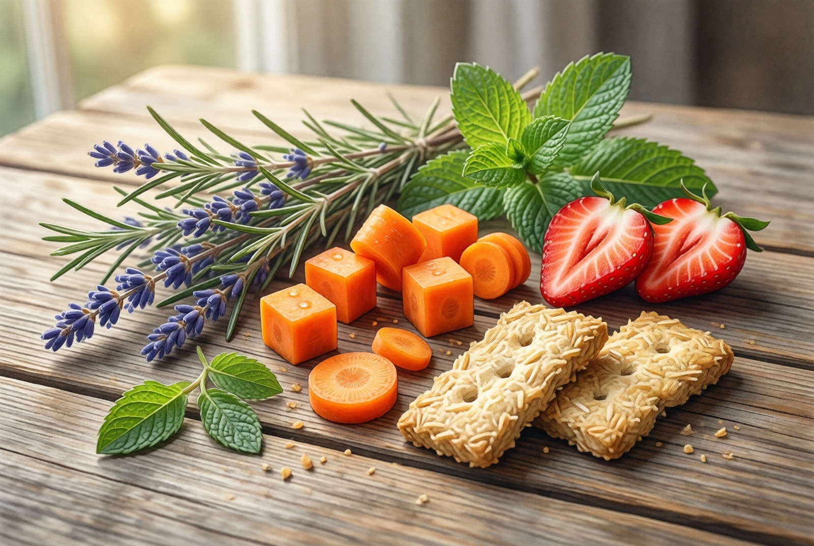 Assortment of healthy rabbit treats on wooden surface