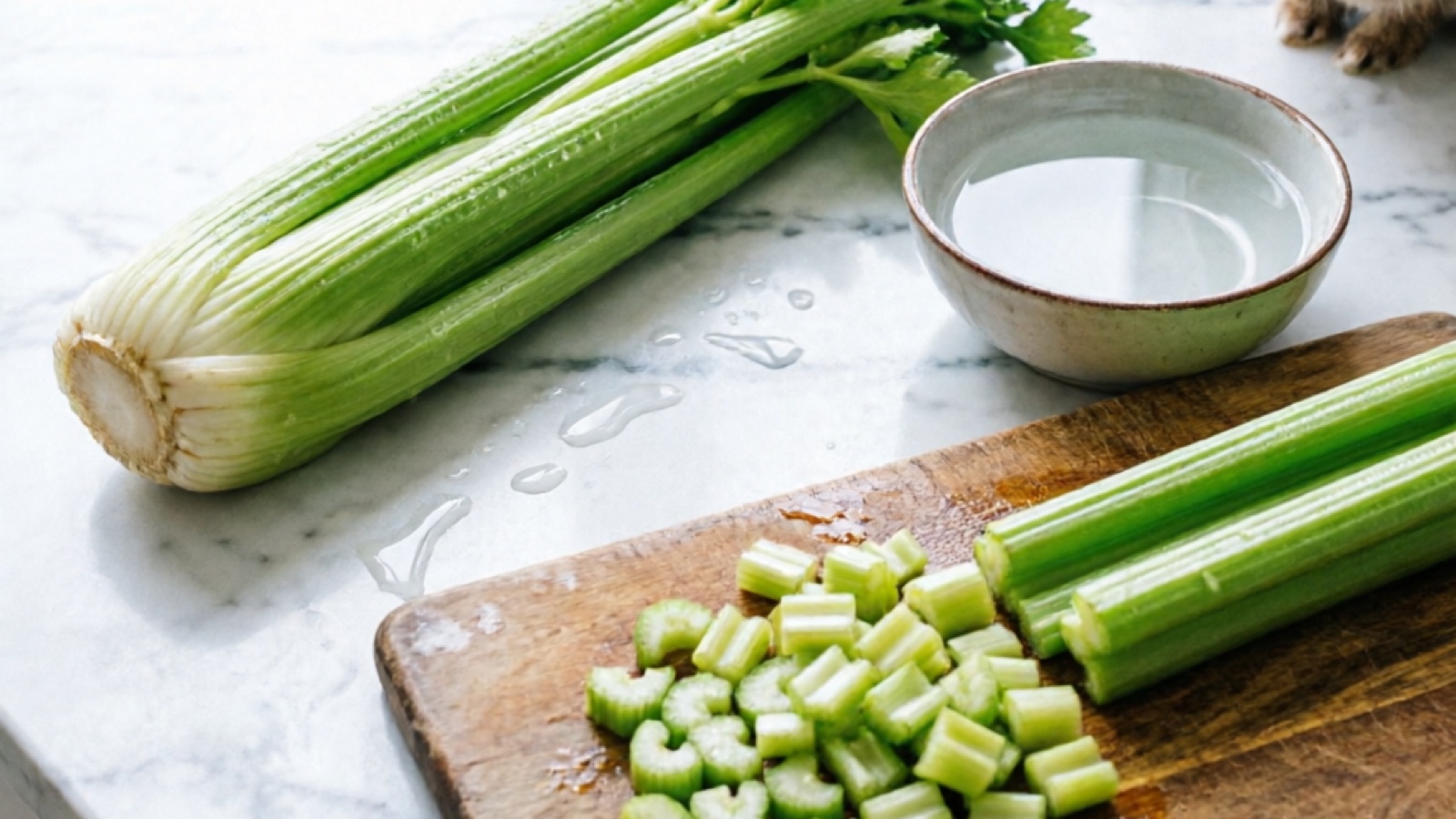 Properly cut celery pieces for rabbit feeding