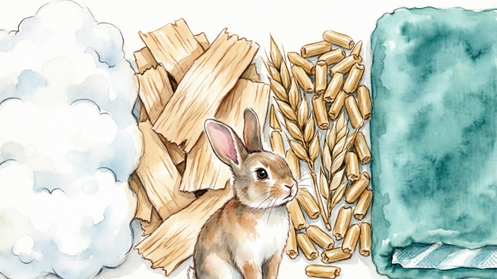 Hand-drawn watercolor comparison showing four types of rabbit bedding materials: paper, aspen wood, wheat straw pellets, and fleece liners