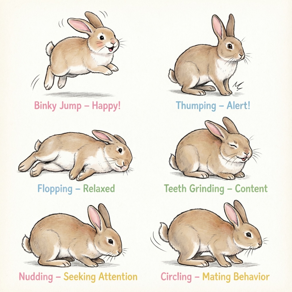 Rabbit body language and behavior meanings infographic showing common behaviors like binky, thump, flop, and nudge with their interpretations