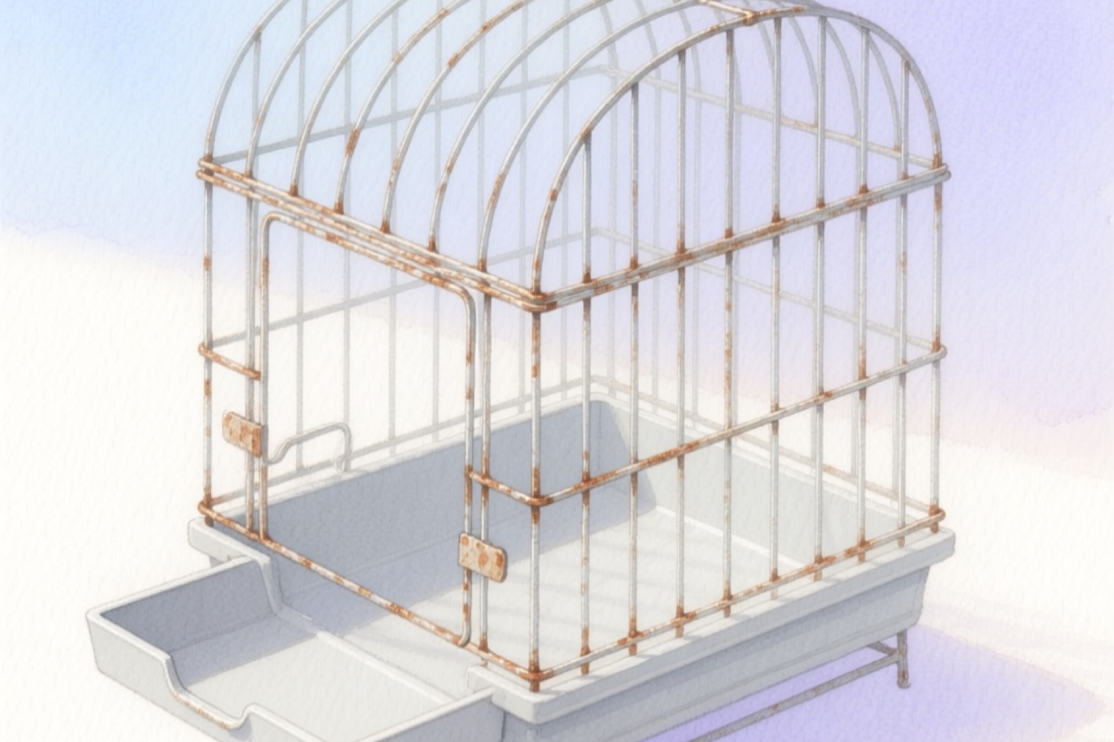 Traditional wire metal rabbit cage with plastic pull-out tray visible underneath, top door open showing interior with wire grid floor, clean and well-maintained, neutral background