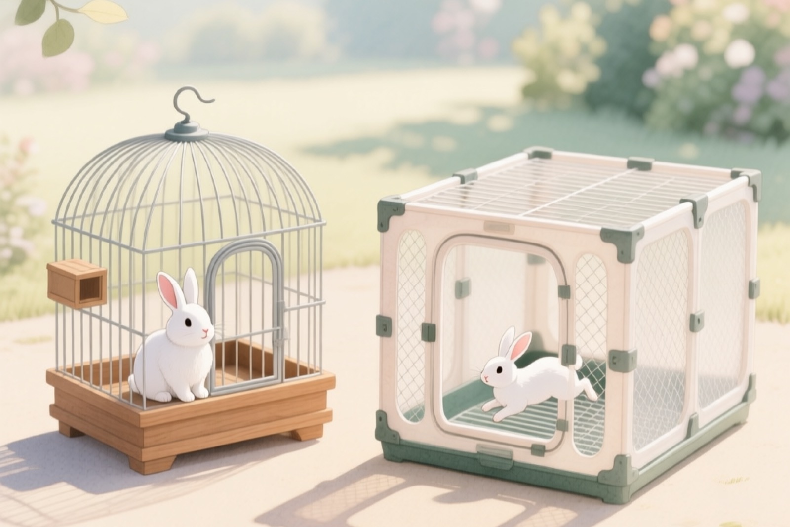 Split comparison image showing two setups side by side — left: a traditional small metal rabbit cage on a table, right: a spacious exercise pen on the floor with a rabbit inside, same room, natural lighting, demonstrating the dramatic space difference