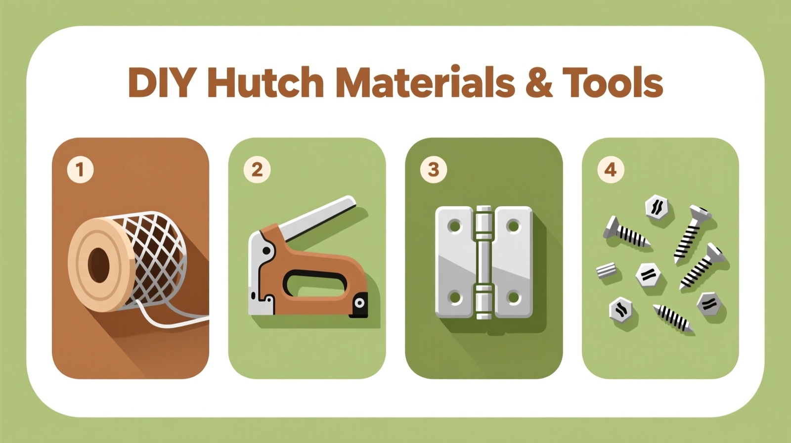 Essential DIY rabbit hutch materials — hardware cloth, staple gun, T-strap hinges, and deck screws laid out for building