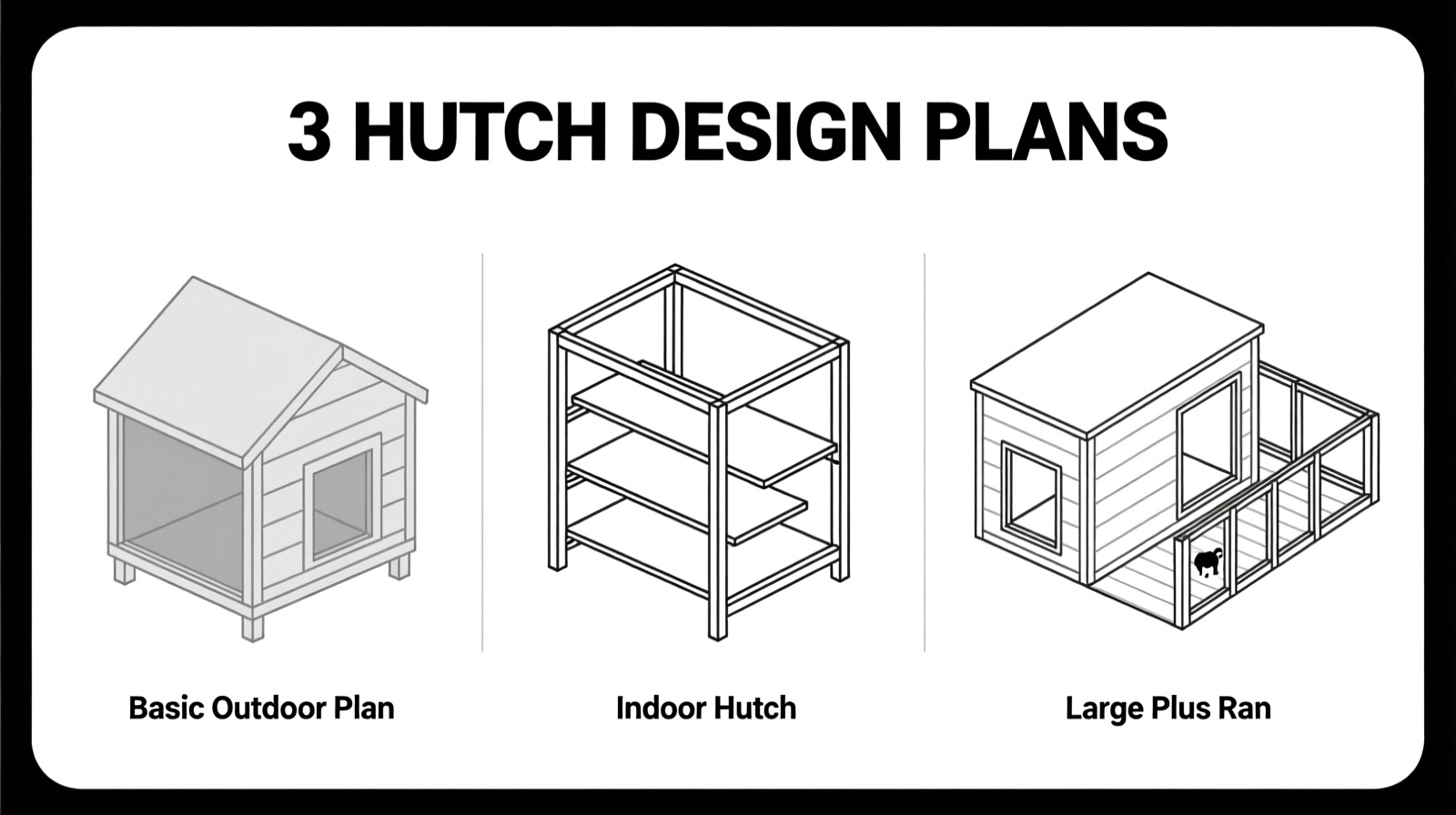 Three DIY rabbit hutch plan designs compared side by side — Basic Outdoor, Multi-Level Indoor, and Large Hutch with Run