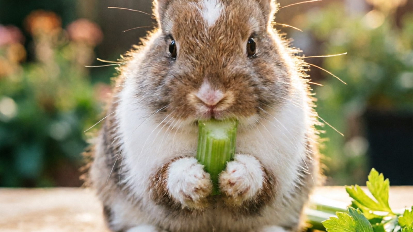 Rabbit eating fresh celery pieces