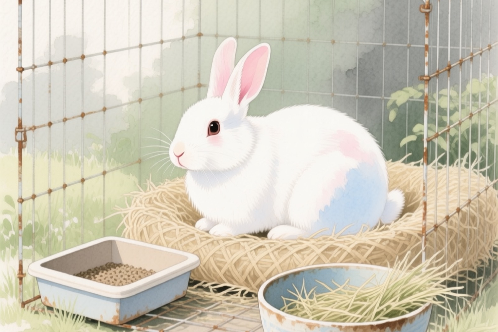 Close-up of a rabbit inside a wire exercise pen, with accessories arranged neatly — corner litter box with hay, ceramic water bowl, wooden chew toy, and a fleece blanket resting area, indoor home setting with natural light