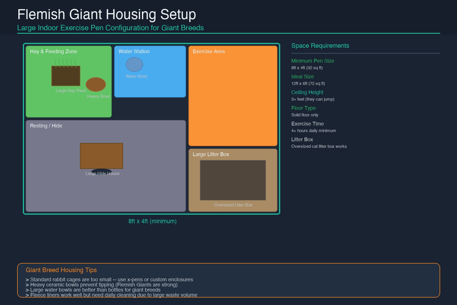 Flemish Giant rabbit housing setup: large indoor exercise pen with hay and feeding zone, water station, exercise area, resting/hide area, and oversized litter box